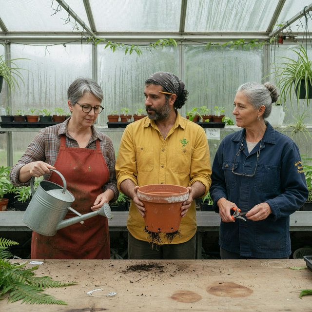 At a quiet greenhouse bench, exactly three adult botanists stand in a row: left wears a rust-red apron and holds a watering can, center wears a mustard shirt and holds a terracotta pot, right wears a navy jacket and holds pruning shears; nothing else. — Grok Imagine Image Quality