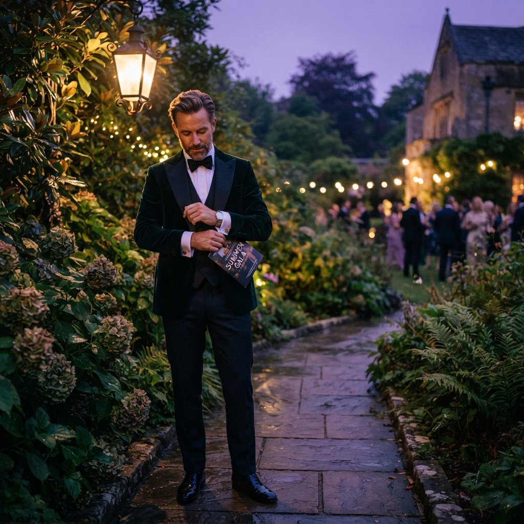 Along a garden path at violet dusk, an adult man in a midnight-green dinner suit adjusts one cuff beneath warm lantern glow, caught in a quiet pre-event pause with glossy leaves and elegant magazine polish. — Nano Banana 2 Lite