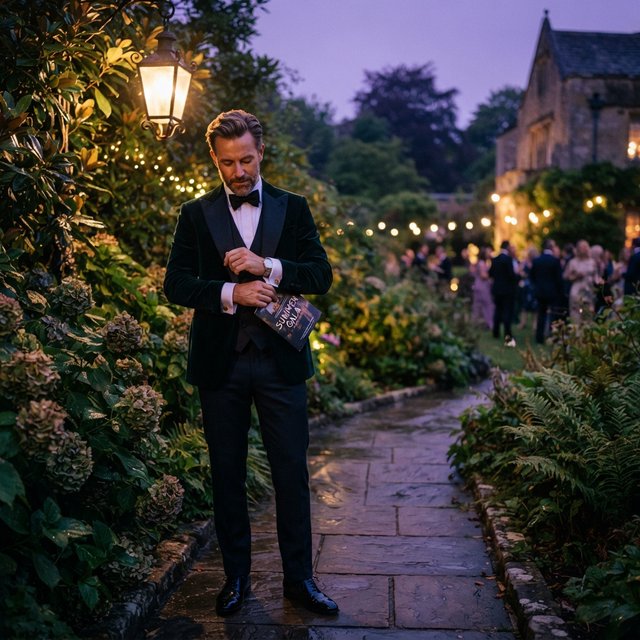 Along a garden path at violet dusk, an adult man in a midnight-green dinner suit adjusts one cuff beneath warm lantern glow, caught in a quiet pre-event pause with glossy leaves and elegant magazine polish. — Nano Banana 2 Lite