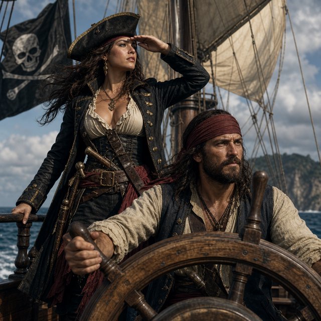 A pirate woman wearing a tricorne hat and an open coat stands behind the helmsman, scanning the horizon for danger. — GPT Image 2