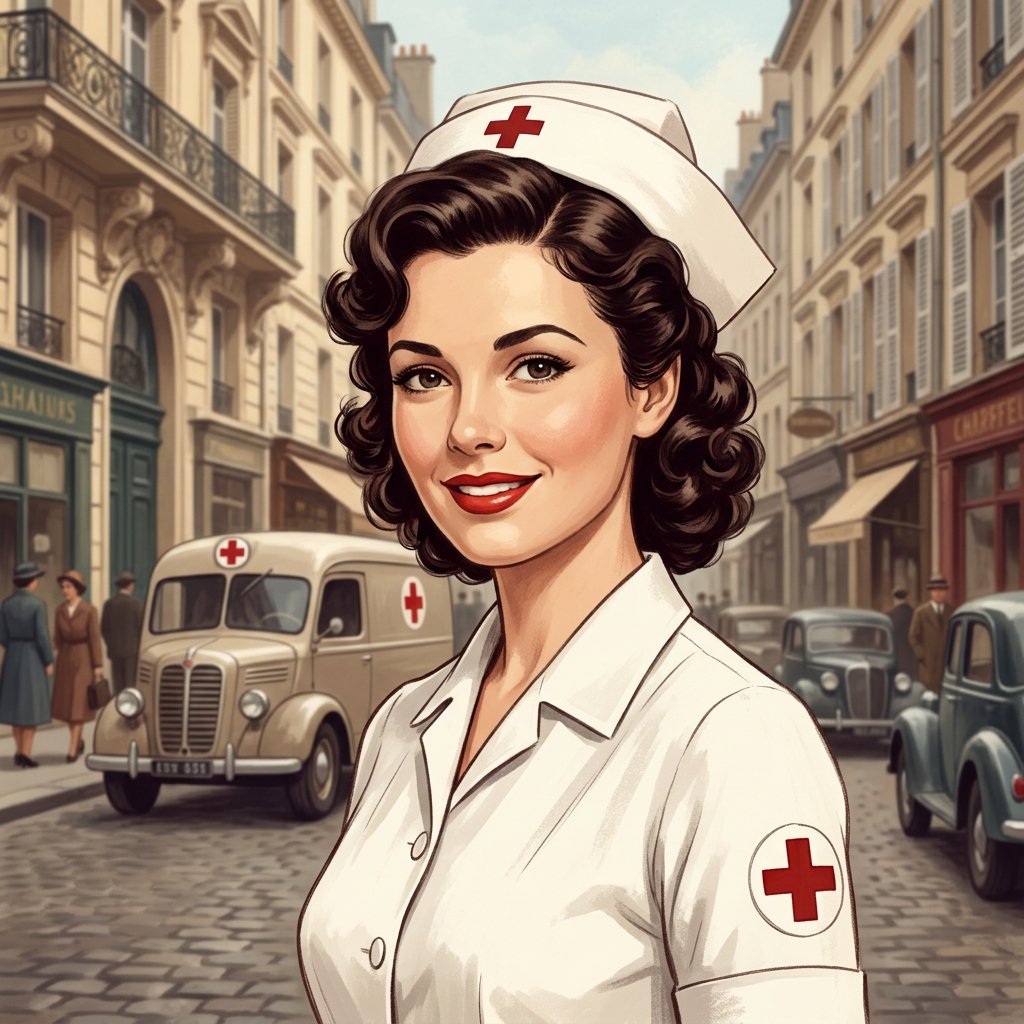 A digital illustration depicts an attractive vintage-style nurse with fair skin and dark, curly hair styled in waves reminiscent of past decades. She wears red lipstick, a white nurse's cap, a uniform, and a cross emblem on her sleeve. A classic European street scene featuring an ambulance and old buildings forms the background. — Nano Banana 2.1