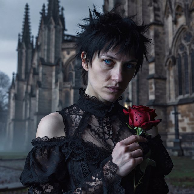 Atmospheric lighting creates soft background gradients through value blending, and surreal dark textures produce cracked surfaces and splatter via organic mark making. The fusion manifests as lace edges, dramatic chiaroscuro, and sharp focal contrast, transforming any subject through meticulous gothic surface modeling. A gothic woman depicted in 2026, with spiky black hair, blue eyes, and pale skin, wearing a black off-shoulder lace dress with a high ornate collar and puffed sleeves, holding a red rose. Close-up at eye level, the woman facing forward with her head slightly tilted, gazing directly at the viewer, holding a red rose in her right hand near her shoulder. Scene set before a gothic cathedral during overcast twilight, with misty atmosphere, featuring tall church spires in the background. — ImagineArt 2