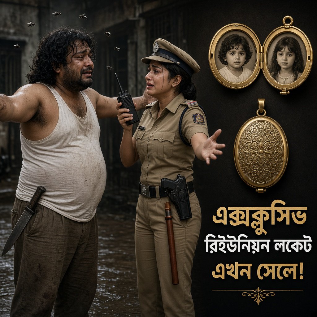 A reunion of long-lost brother and sister, as depicted in Bangladeshi films. The brother is now a thug, he is overweight, with badly cut, long, curly hair. He wears a sleeveless T-shirt. A large knife peeks out of his trousers. His arms open wide to hug his sister. He stinks. So a few flies hover around his head. His sister, typically the film heroine, and therefore very attractive. But she's a cop wearing a cap and body-fitting khaki police dress. A gun in her holster, a baton by her belt, plus a walkie talkie in her one hand. Her arms are also open wide to hug the brother. Both are tearful. They must be placed on one side of the image. On the other side of the image, we place some products from the film that we want to sell: A circular locket that is open like a book, with childhood pictures of the brother and the sister on two sides. Below this open locket, we show a closed locket. Add text: Exclusive reunion lockets on sale. — Grok Imagine Image 2