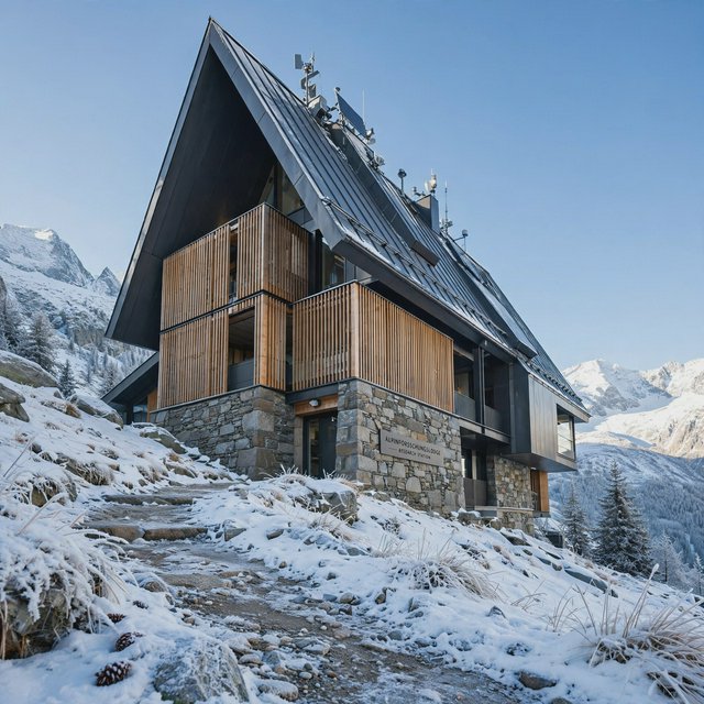 Exterior of a contemporary alpine research lodge in restrained regional modernism, rough granite walls, larch screens, steep standing-seam roof, crisp snow-bright morning light, viewed from below across a mountain footpath, sound structural geometry. — Muse Image 1.0