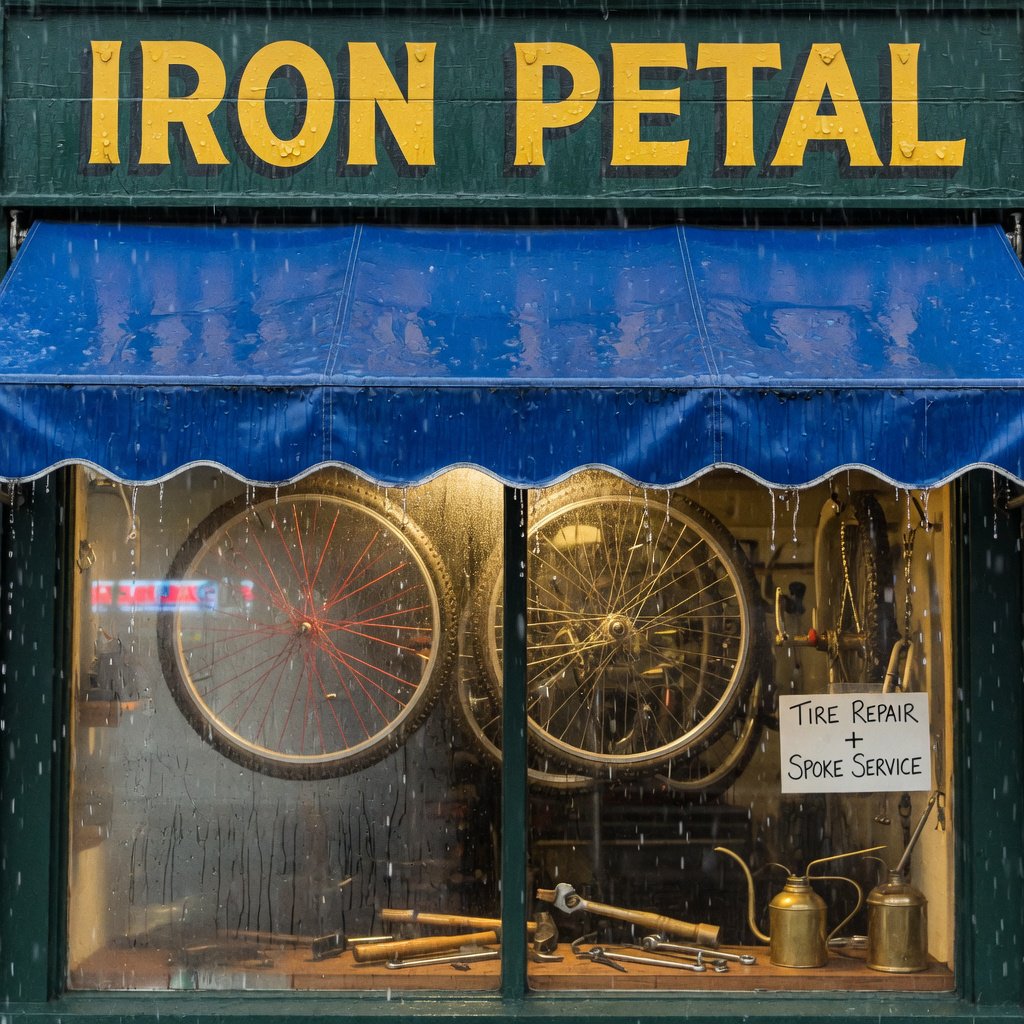 Rain beads on a bicycle repair shop’s blue awning, with wheels and brass tools visible behind the glass; “IRON PETAL” is lettered in warm yellow enamel capitals across the wooden fascia. — Grok Imagine Image Quality
