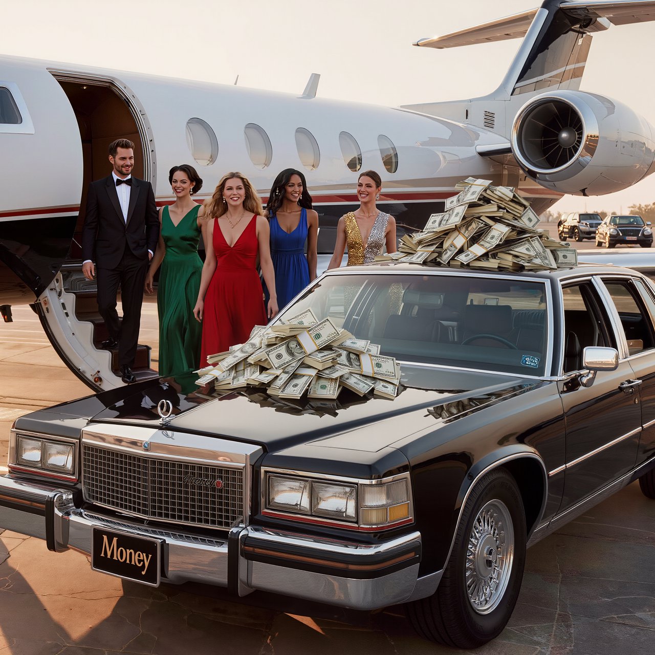 A man dressed in very nice formal clothes is getting off a private black-and-white plane. Many beautiful adult women in dresses are following the man. The man is heading toward a very high-end classic black car. The word "Money" is on the car's license plate. On top of the car is a ton of money. It is the afternoon. The vibe is cool and rich. — Kling v3