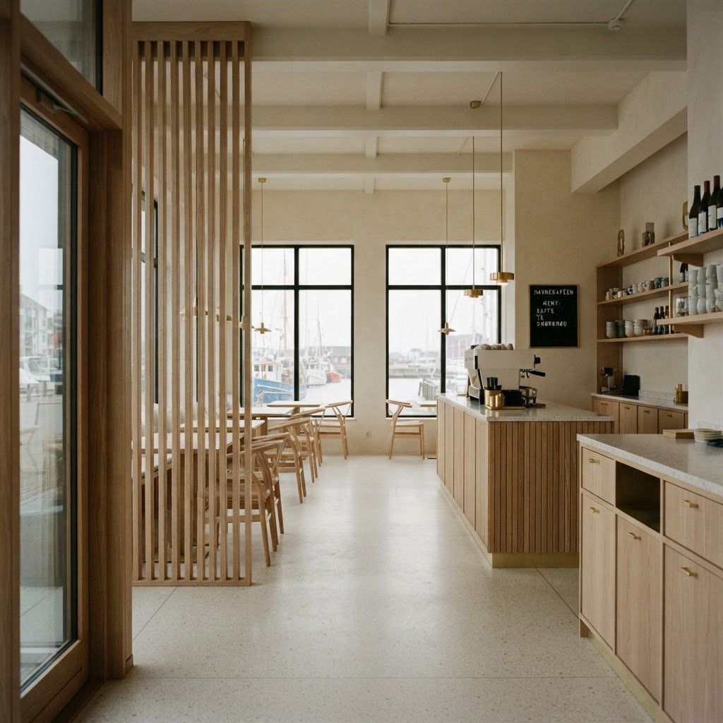 Inside an empty harbor café, restrained Danish modern design pairs ash slat screens, pale terrazzo, and brushed brass; overcast window light reaches the counter, viewed from the entrance, with aligned joinery and believable supports. — Nano Banana 2 Lite
