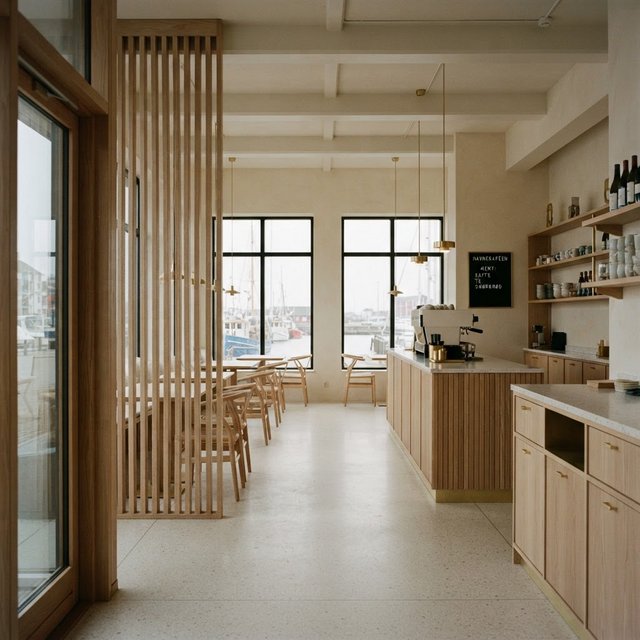 Inside an empty harbor café, restrained Danish modern design pairs ash slat screens, pale terrazzo, and brushed brass; overcast window light reaches the counter, viewed from the entrance, with aligned joinery and believable supports. — Model 16