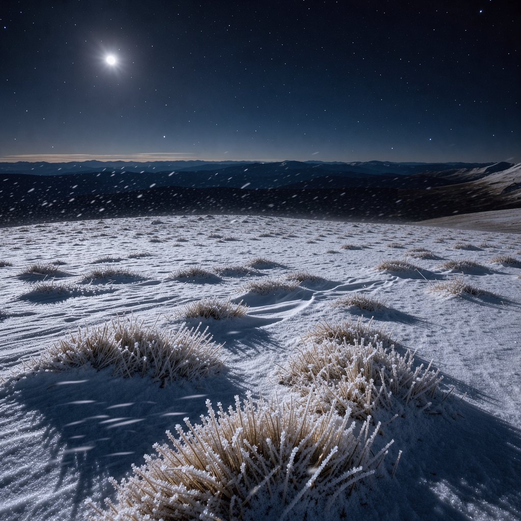Moonlight washes a snowbound high plateau beneath sharp stars, while dry flurries cross the midnight air; frost feathers the foreground tussocks, and dark, rolling ridgelines recede into a blue-black distance. — FLUX 3 Image