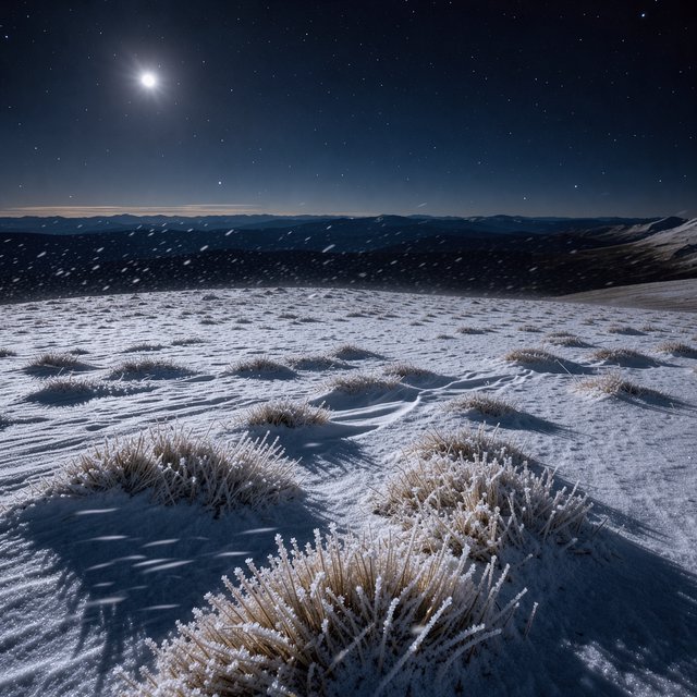 Moonlight washes a snowbound high plateau beneath sharp stars, while dry flurries cross the midnight air; frost feathers the foreground tussocks, and dark, rolling ridgelines recede into a blue-black distance. — FLUX 3 Image