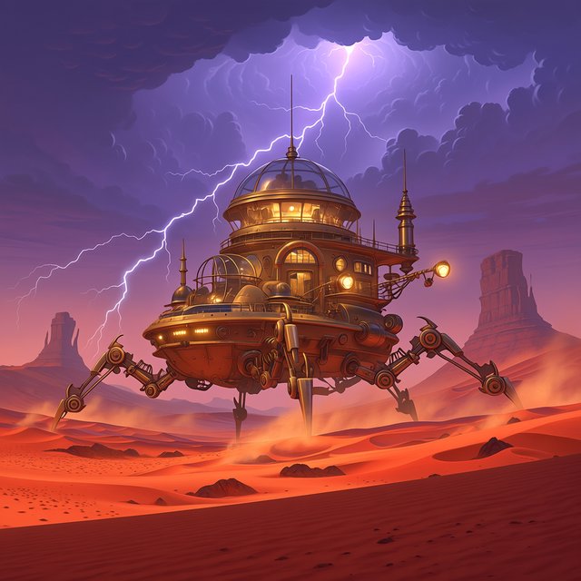 A colossal brass desert crawler carries an observatory dome across red dunes, its articulated legs striding through a sandstorm. Warm lamps glow beneath the hull while distant mesas fade into violet dusk and lightning illuminates the horizon. — Midjourney Niji 7