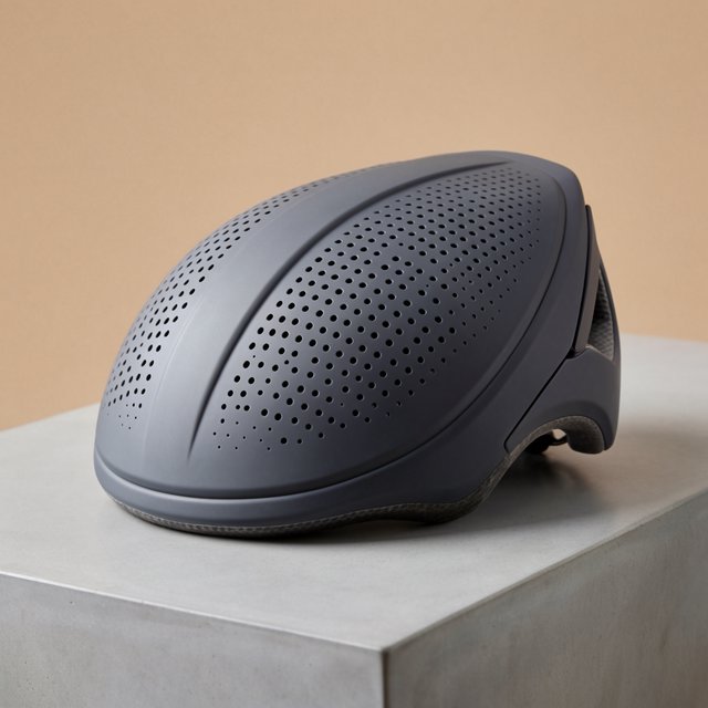 Commercial product photograph of an unbranded folding bicycle helmet made from matte charcoal polymer with soft gray padding, resting on a honed concrete plinth against a muted sand background, illuminated by a broad overhead softbox and gentle rim light. — Krea 2 Large