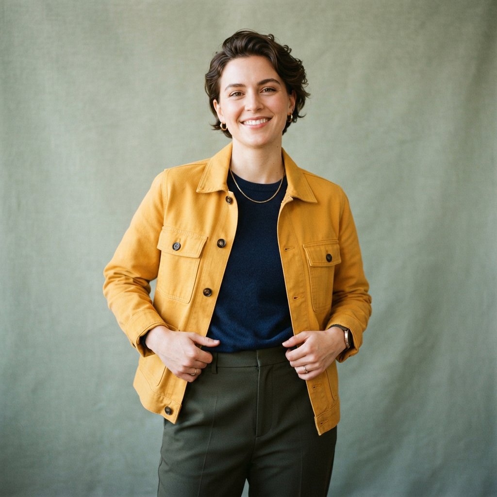 Fashion portrait of an adult nonbinary person in their late twenties wearing a structured saffron-yellow canvas jacket over a fine-gauge navy merino top, hands resting on the jacket hem. Their bright, self-assured expression contrasts with a softly lit sage-green backdrop. — Nano Banana 2 Lite