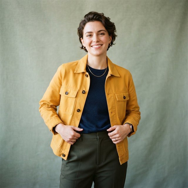 Fashion portrait of an adult nonbinary person in their late twenties wearing a structured saffron-yellow canvas jacket over a fine-gauge navy merino top, hands resting on the jacket hem. Their bright, self-assured expression contrasts with a softly lit sage-green backdrop. — Nano Banana 2 Lite