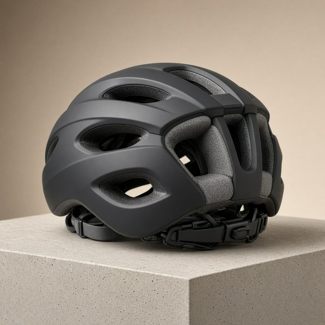Commercial product photograph of an unbranded folding bicycle helmet made from matte charcoal polymer with soft gray padding, resting on a honed concrete plinth against a muted sand background, illuminated by a broad overhead softbox and gentle rim light. — Grok Imagine Image 2