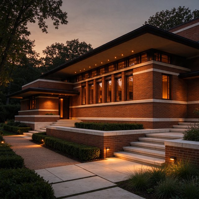 Exterior of a Prairie School residence with broad overhanging eaves, warm brick, limestone courses, and ribbon windows; amber evening light grazes the facade, viewed obliquely from a garden path, with disciplined horizontal lines and credible structure. — Seedream 5.0 Flash