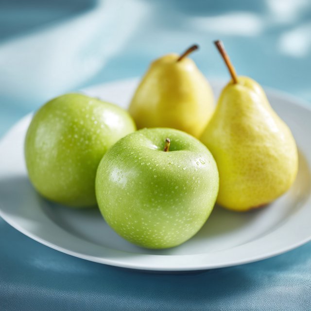 Exactly three green apples and two yellow pears on a white plate, the plate on a blue tablecloth, nothing else on the table. — Midjourney v7