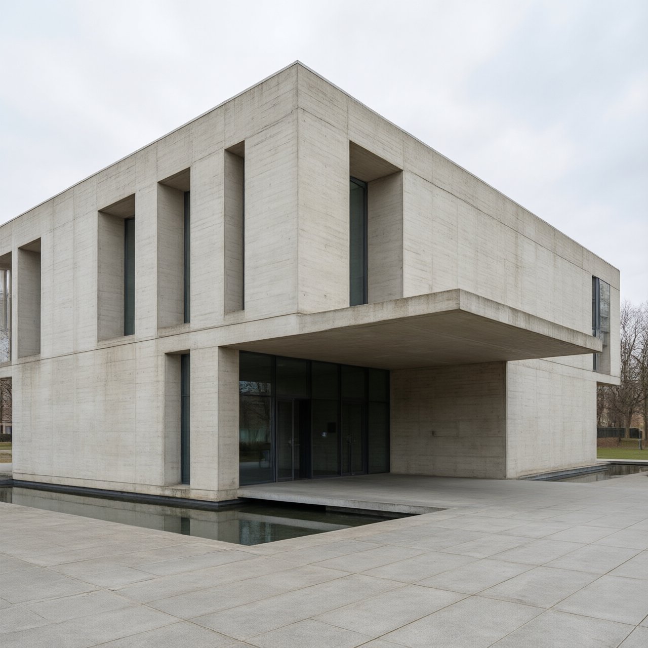 Exterior of a compact brutalist art museum, pale board-formed concrete, deep rectangular window recesses, a broad cantilevered entrance canopy, low reflecting pool, overcast afternoon light, viewed from a quiet plaza at eye level, crisp orthogonal architectural photography. — Qwen Image 3.0