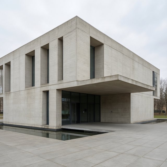 Exterior of a compact brutalist art museum, pale board-formed concrete, deep rectangular window recesses, a broad cantilevered entrance canopy, low reflecting pool, overcast afternoon light, viewed from a quiet plaza at eye level, crisp orthogonal architectural photography. — Qwen Image 3.0
