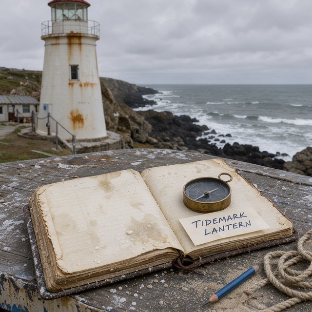 Beside a cliffside lighthouse, a salt-speckled logbook lies open on a chart table; "TIDEMARK LANTERN" is handwritten in looping dark-blue ink across a cream note tucked beneath the compass, with no other legible writing. — FLUX 3 Image Klein