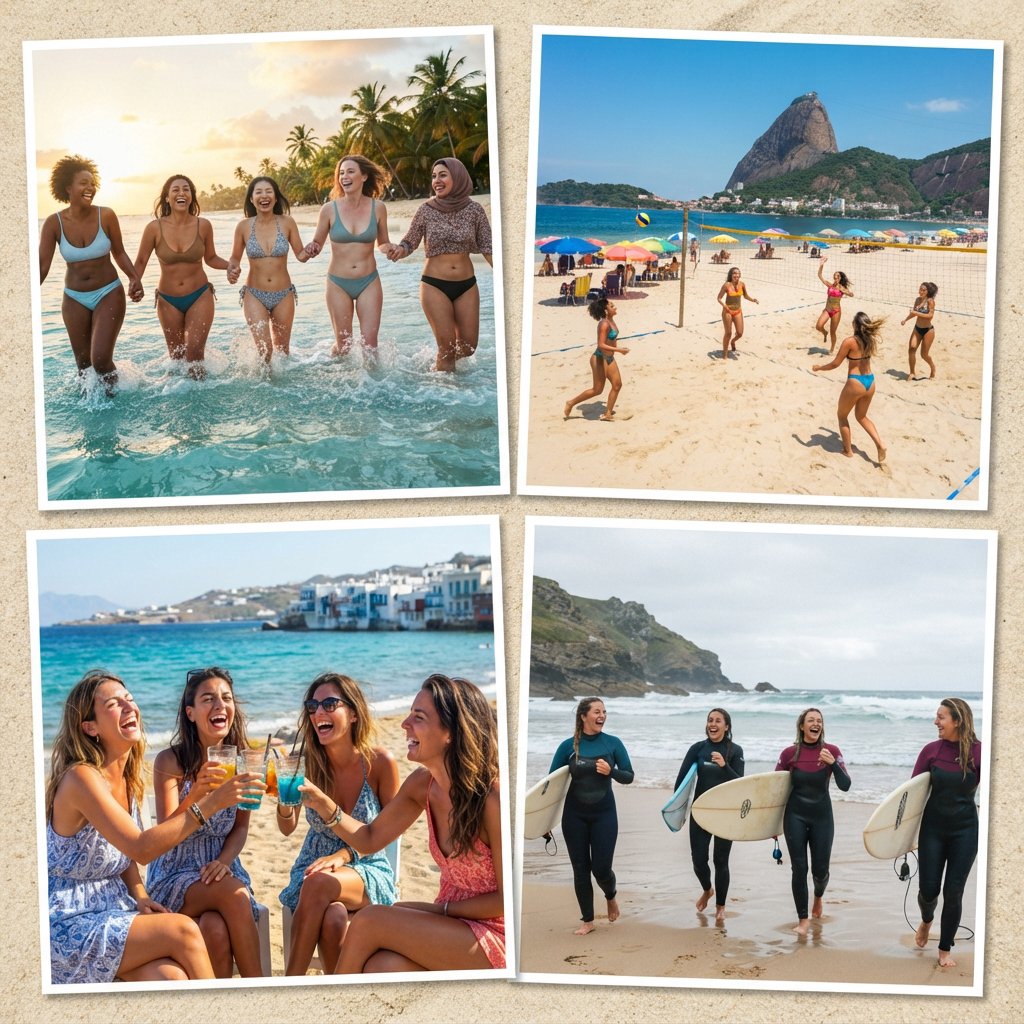 Photorealistic collage of at least four distinct beach scenes showing adult women from around the world having fun, with each scene presented from a different camera angle. — Nano Banana 2 Lite