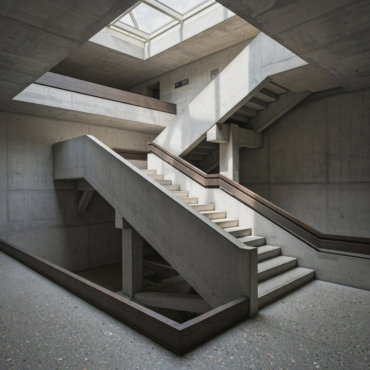 At the heart of a restrained Brutalist museum, a folded concrete stair rises beside smoked-oak handrails and terrazzo landings; skylight washes the treads, seen from the lower landing, with aligned flights and believable supports. — Muse Image 1.0