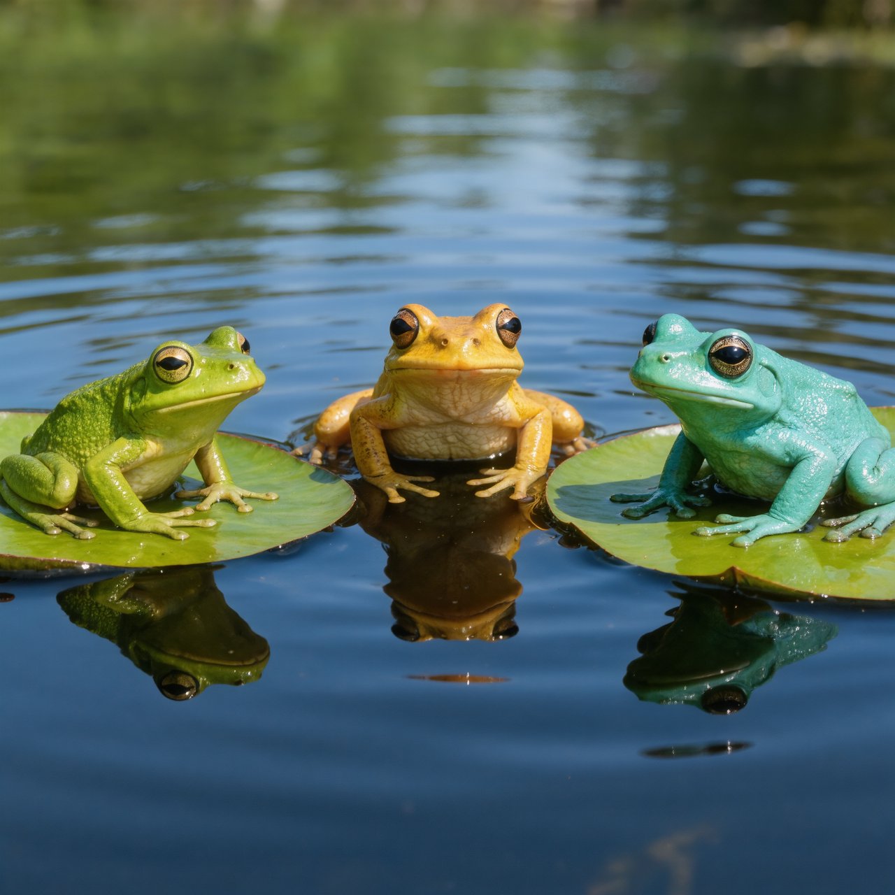 A still pond holds exactly three frogs on separate lily pads: a lime-green frog at the left, a golden-yellow frog in the center, and a turquoise frog at the right. All face forward; nothing else. — Kling v3 Omni