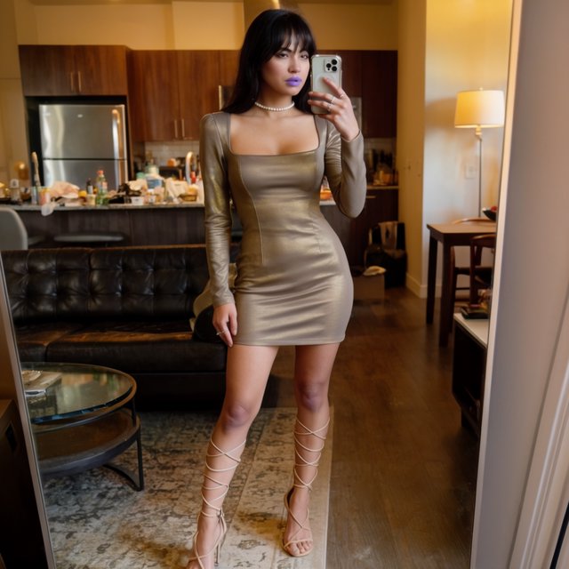 A full-body mirror selfie of a young adult woman with long dark hair, soft bangs, a subtle pearl choker necklace, rings, and exact facial features matching image_4.png. She is taking a photo in a chic, upscale apartment mirror with a stylish interior and warm lighting. She is wearing a fitted, solid-color metallic party mini dress with clean lines, paired with elegant high-heeled strappy sandals that wrap up around her calves. She poses with a confident, poised, and stylish posture, looking directly into her smartphone camera. Natural lighting. — Krea 2 Large