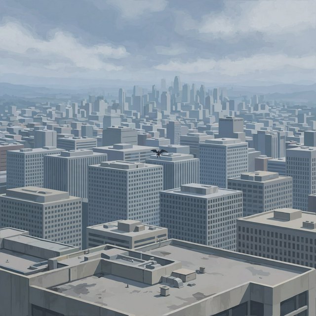 Clean cel-shaded painted cityscape, wide high-angle elevated rooftop level shot looking out over dense modern downtown office buildings, small dark winged figure hovering above central midground rooftops, pale overcast deep blue sky with wispy white clouds, diffused even daylight lighting with soft subtle ambient shadows, muted cool grey, beige, blue building facades with uniform office windows, flat concrete building rooftops, receding hazy distant city skyline with atmospheric perspective, eye level relative to building tops, no outlines, smooth flat color rendering, no grain. — Muse Image 1.0