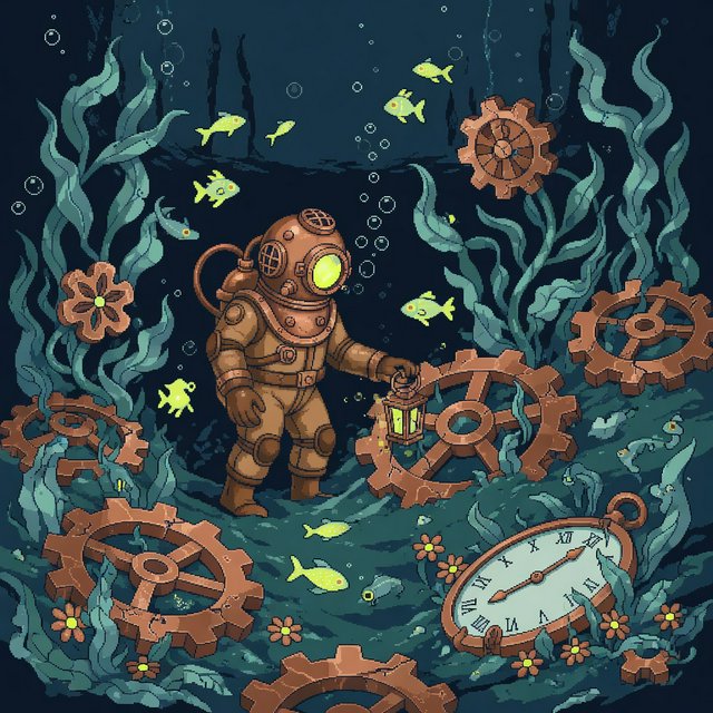 A brass-suited adult diver explores a submerged clockwork garden, where kelp curls around sunken gears and tiny fish glow in the dark; pixel art illustration, palette of teal, copper, midnight blue, and lemon yellow. — Grok Imagine Image Quality