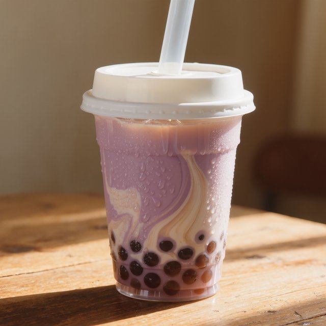 Photorealistic product shot of iced taro bubble tea in a clear frosted plastic cup, condensation beading down curved sides, wide clear straw piercing matte white domed lid. Plump dark brown tapioca pearls settled at the base, swirled creamy purple tea with soft marbled cream streaks, fine ice crystals glinting inside. Resting on weathered light oak table, soft golden hour side lighting casting gentle long shadows, warm neutral beige background. Shallow depth of field, sharp focus on glass texture and pearl details, professional food photography aesthetic, soft moody warm colour palette with rich lavender and caramel tones. — Kling v3 Omni