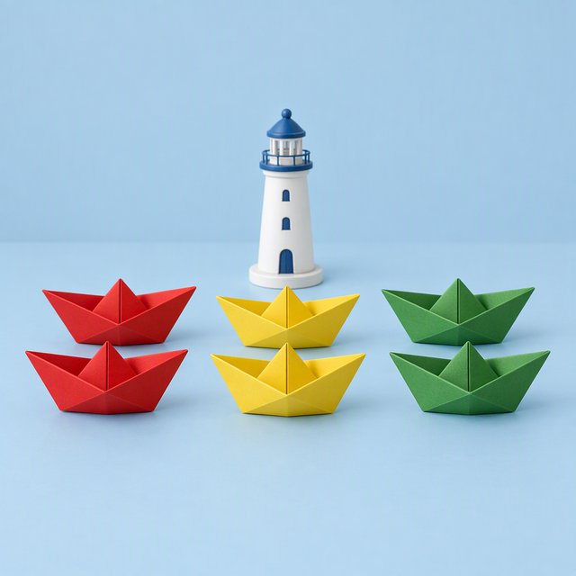 Exactly six folded paper boats sit on a pale blue tabletop: two red boats on the left, two yellow boats in the center, and two green boats on the right. A small white lighthouse figurine stands behind the center pair, nothing else. — GPT Image 2.5 Flare