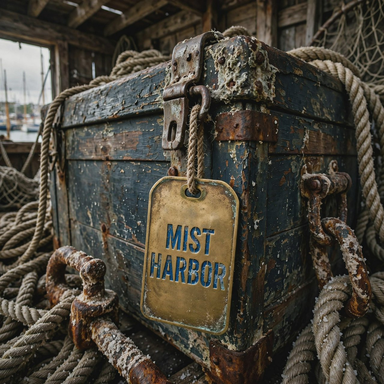 A brass luggage tag hangs from a weathered sea chest in a harbor loft, its face bearing “MIST HARBOR” in deeply stamped blue capitals; ropes and salt-crusted fittings surround it, with no other writing visible. — Muse Image 1.0