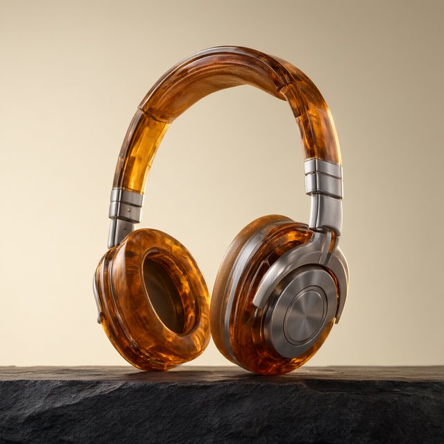 Commercial product photograph of unbranded over-ear headphones crafted from translucent amber resin and brushed titanium, resting on a dark slate surface against a muted cream background, lit by a broad diffused softbox and a delicate rim light. — Qwen Image 3.0