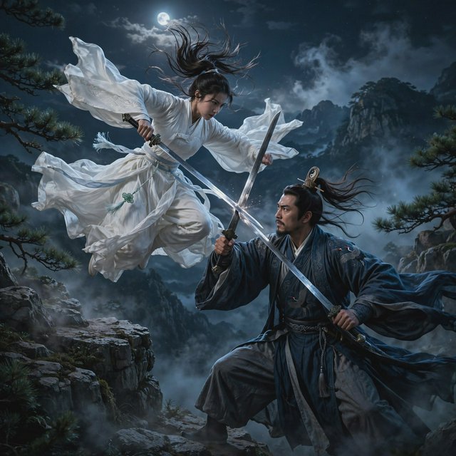Frontal cinematic shot of two adult martial artists dueling on a cliff at night in ancient China: a female swordswoman in flowing white hanfu is airborne in a dynamic combat pose, thrusting her sword forward, while a male swordsman in traditional Taoist robes firmly parries her attack with his own blade. Moonlit night, wind sweeping their garments and hair, dramatic cliffside setting, tense face-off, elegant wuxia atmosphere, vivid motion, visually striking. — Muse Image 1.0