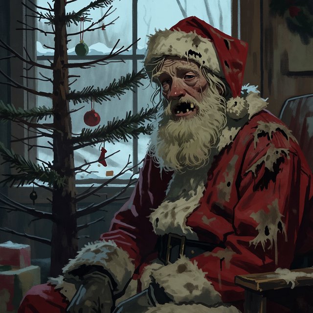 A melancholic, somewhat disheveled Santa Claus in a worn, dirty coat. He sits in his cabin at the North Pole next to a desolate, needleless Christmas tree, its decorations hanging only sporadically. The aura radiates a quiet despair. — Krea 2 Medium