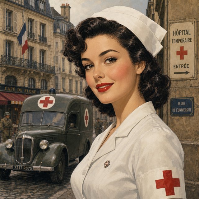 A digital illustration depicts an attractive vintage-style nurse with fair skin and dark, curly hair styled in waves reminiscent of past decades. She wears red lipstick, a white nurse's cap, a uniform, and a cross emblem on her sleeve. A classic European street scene featuring an ambulance and old buildings forms the background. — GPT Image 2
