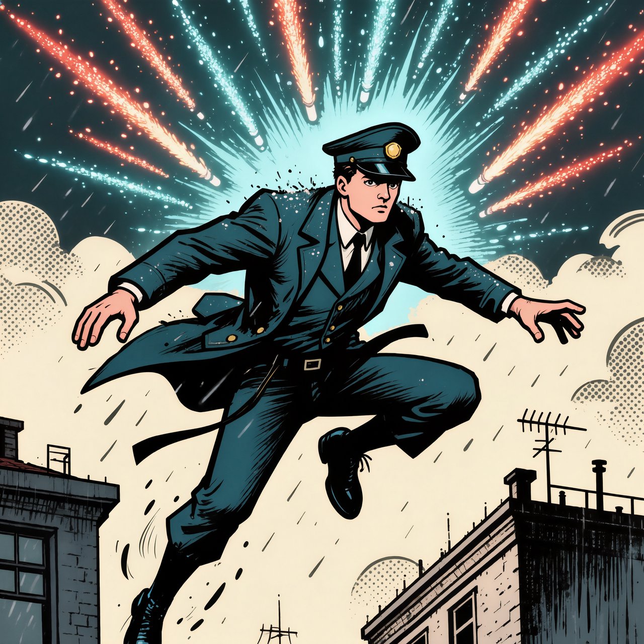 An adult rooftop courier vaults between rain-dark towers, coat snapping as signal flares streak behind; bold ink comic-panel illustration with dense halftone shadows, palette of electric cyan, vermilion, charcoal, and cream, no speech bubbles. — Kling v3 Omni