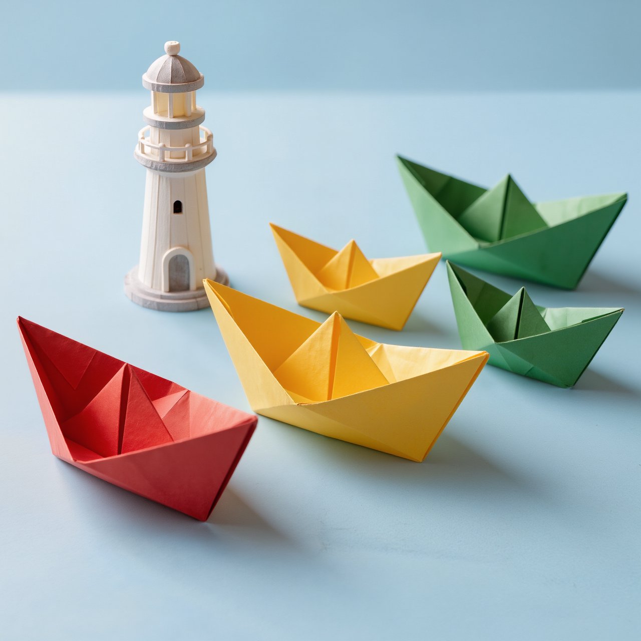 Exactly six folded paper boats sit on a pale blue tabletop: two red boats on the left, two yellow boats in the center, and two green boats on the right. A small white lighthouse figurine stands behind the center pair, nothing else. — Kling v3