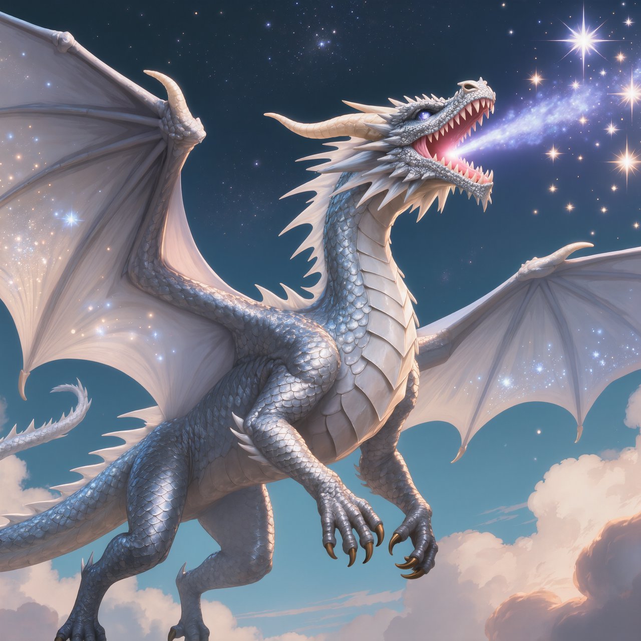 A beautiful, ethereal dragon flying through the skies breathing star flames. Detailed scales. — Kling v3 Omni