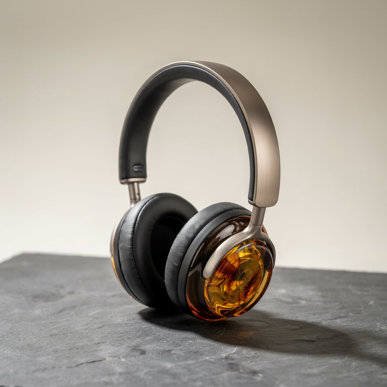Commercial product photograph of unbranded over-ear headphones crafted from translucent amber resin and brushed titanium, resting on a dark slate surface against a muted cream background, lit by a broad diffused softbox and a delicate rim light. — Ideogram v4