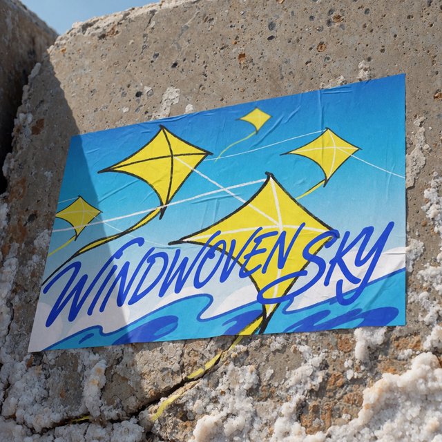 On a salt-stained seawall, a printed poster for a kite-making exhibition shows bright diamond kites sweeping above blue waves; “WINDWOVEN SKY” is screen-printed in sweeping cobalt script, with no other legible writing. — Model 12