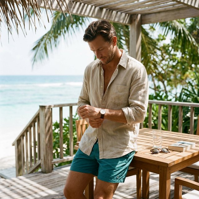 At a sunlit island veranda, an adult man in teal swim shorts and a sand-colored linen shirt is caught fastening his watch, crisp noon light and relaxed tailoring lending fashion-magazine polish. — Nano Banana 2.1