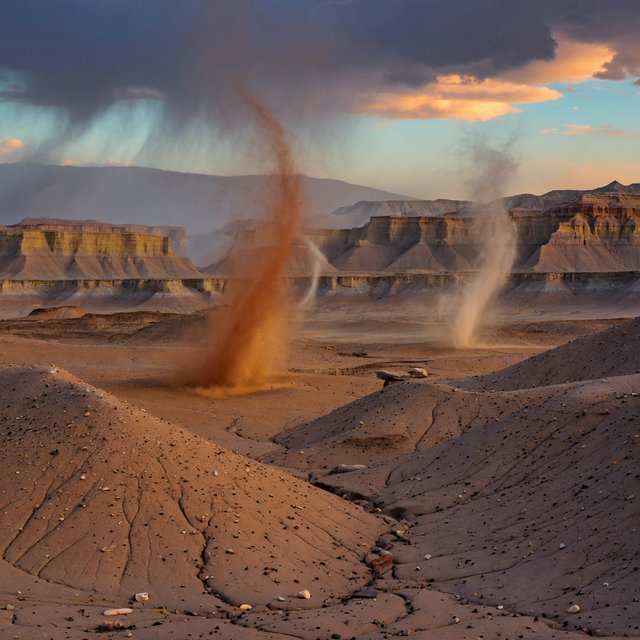 Wind-driven dust devils spiral across ochre badlands beneath a storm-clearing late-afternoon sky; pebble-studded clay ridges and tiny erosion grooves sharpen nearby, while layered mesas recede through veils of rain. — Grok Imagine Image Quality