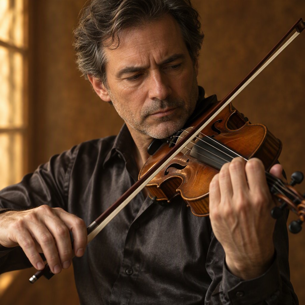 With a violin tucked close, an adult man in his early 50s draws a bow, his hands prominent, wearing a charcoal silk shirt; his intent expression is framed against a warm umber backdrop in soft amber window light, in a close portrait photograph. — GPT Image 2.5 Flare