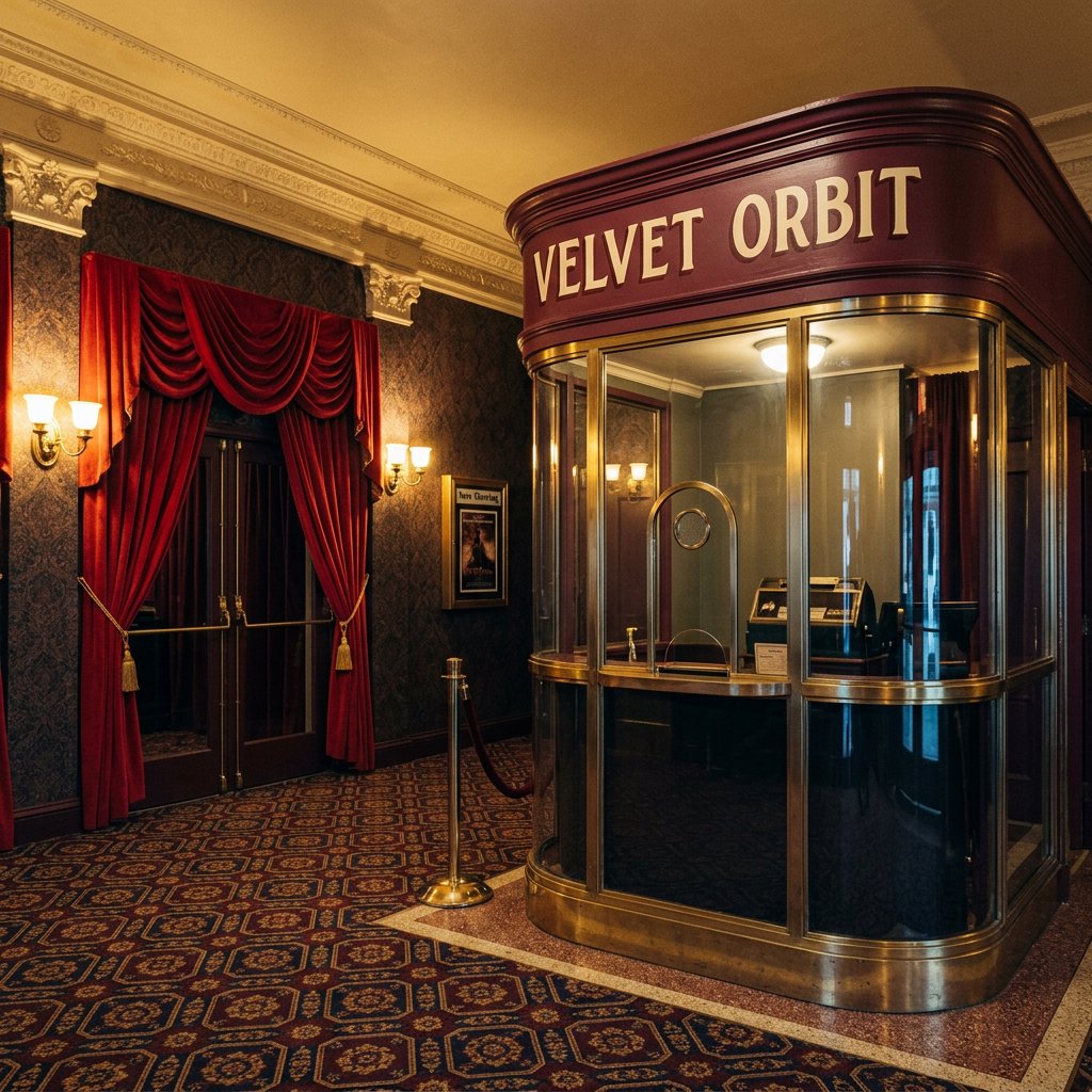 In a restored neighborhood cinema, brass sconces illuminate velvet curtains and a glass ticket booth; "VELVET ORBIT" is painted in ivory block letters across the booth’s burgundy fascia. — Nano Banana 2.1