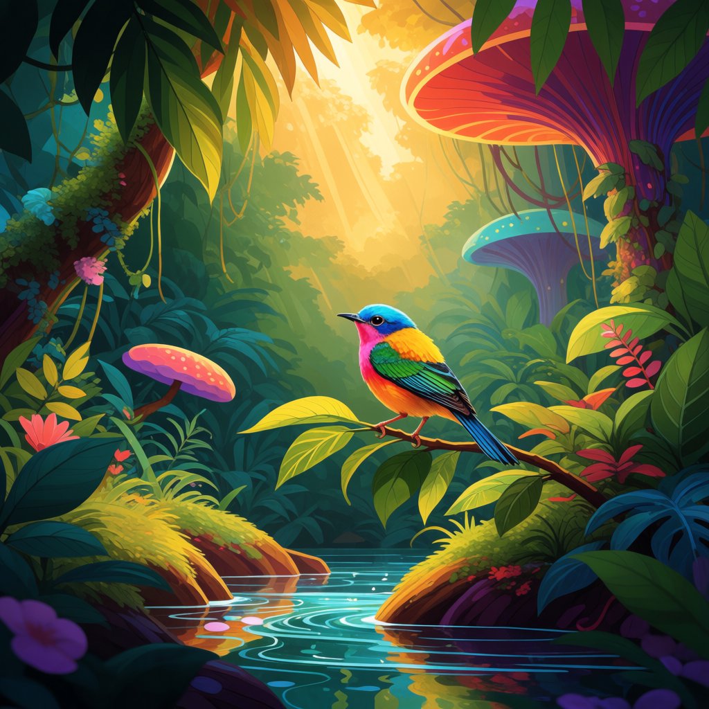 Create a vibrant digital artwork with clean lines depicting a small, colorful bird in the jungle. Combine rich, warm tones—such as soft orange, bold red, and dynamic yellow—with cool colors like brilliant blue, emerald green, and radiant violet. The atmosphere should feel fairytale-like, enhanced by striking lighting that underscores the scene's magic. Use bright, bold colors harmoniously to create a balanced composition. The overall style should be imaginative and captivating, transporting the viewer to another world. — Krea 2 Medium