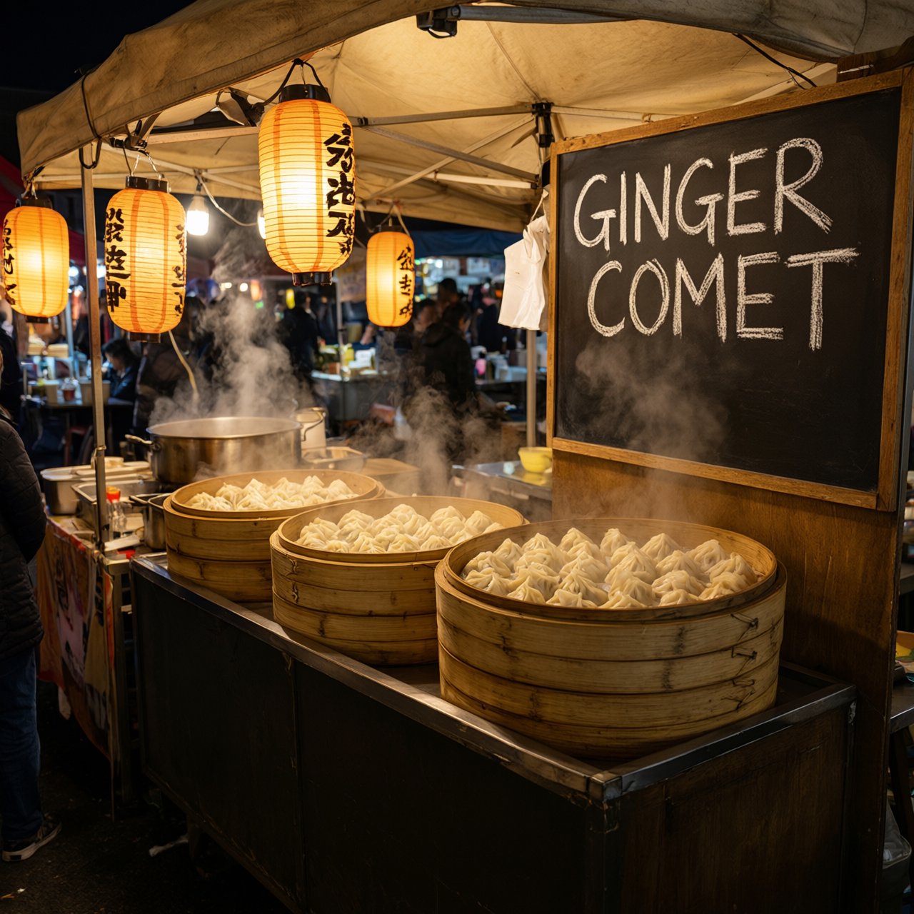 Steam curls above baskets of dumplings at a lively night-market stall, lantern light warming its canvas canopy; "GINGER COMET" is chalked in bold white letters on a blackboard beside the serving counter. — Qwen Image 3.0 Pro