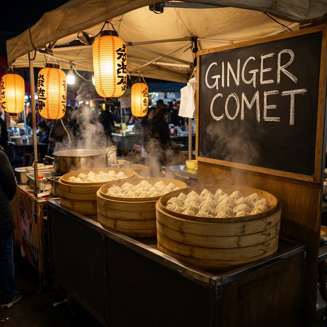 Steam curls above baskets of dumplings at a lively night-market stall, lantern light warming its canvas canopy; "GINGER COMET" is chalked in bold white letters on a blackboard beside the serving counter. — Qwen Image 3.0 Pro