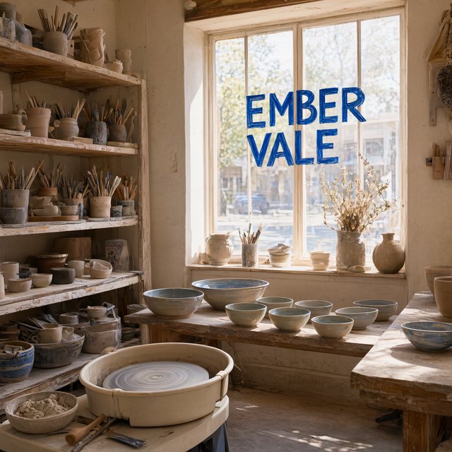 Inside a sunlit ceramics studio, glazed bowls dry beside a turning wheel and shelves of clay tools; "EMBER VALE" is painted in cobalt capitals on the front window. — Qwen Image 3.0 Pro